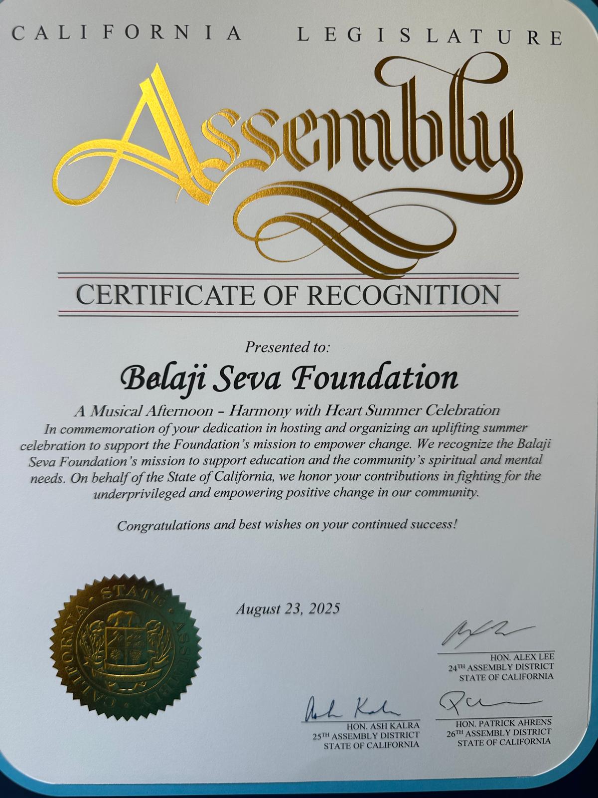 California Legislature Certificate of Recognition